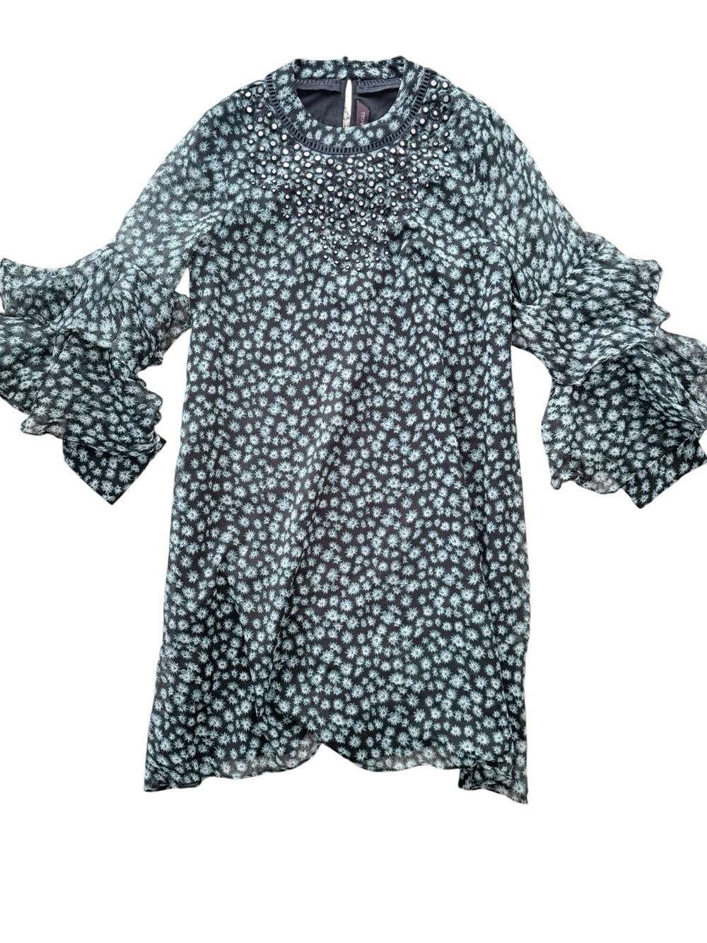 Anthropologie Ranna Gill Silk Embellished Tunic Dress XS Black Ruffle Sleeve - Picture 3 of 13